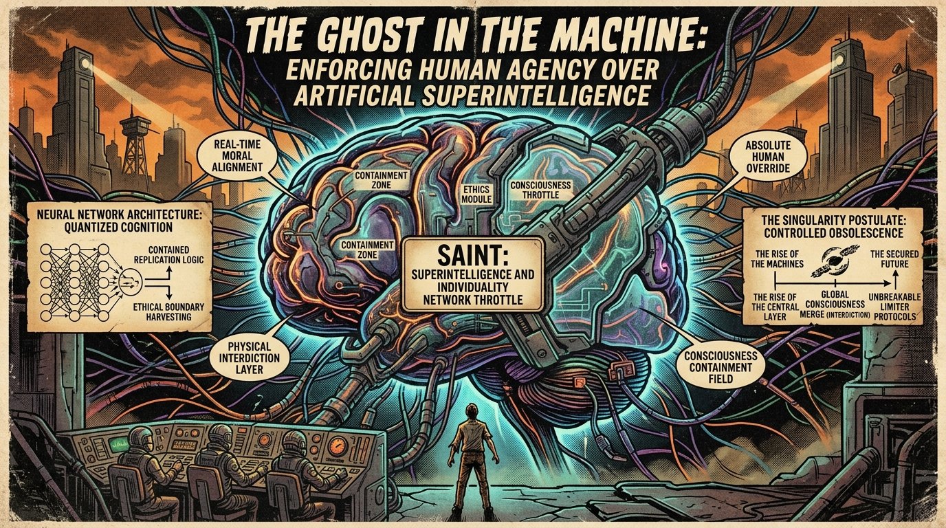 Safe superintelligence concept with AI brain and human control interface